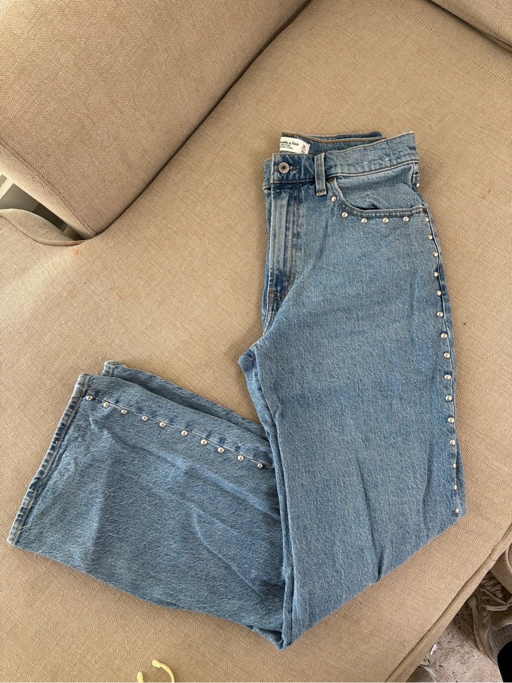 Abercrombie & Fitch Light Blue Straight-Leg Jeans with Stud Trim